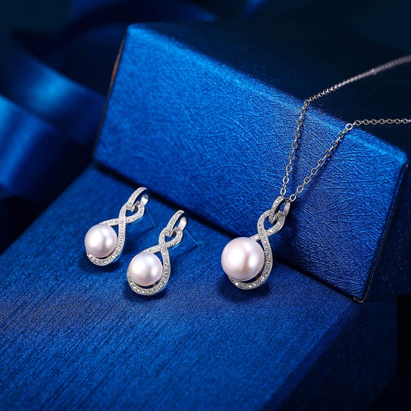 EleQueen 925 Sterling Silver CZ Cream Freshwater Cultured Pearl Leaf Bridal Necklace Hook Earrings Set Clear for Women, Valentine's Day/Mother's Day/Christmas Jewelry Gift - Image 4